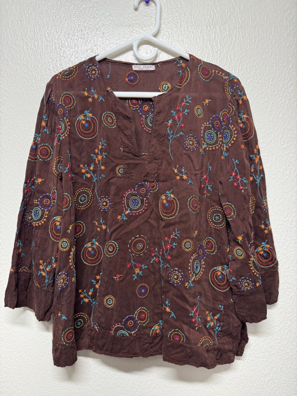 Russ Berens Embroidered Brown pullover Blouse -